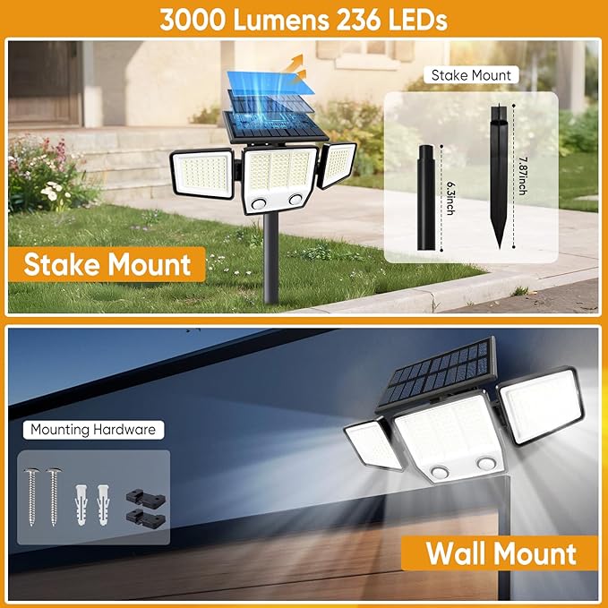 Solar Motion Sensor Outdoor Lights Waterproof - 3000LM 3 Modes Security Lights Outdoor 270° Illumination IP65 LED Solar Flood Wall Light for Garden Yard Patio Pathway (with Stakes, 2)