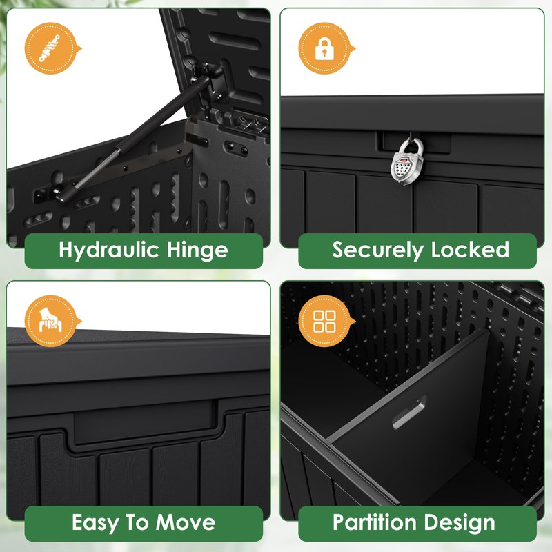 Devoko 160 Gallon Double-Wall Deck Box with Divider, Side Handles, HDPE Outdoor Large Storage Box Waterproof and Lockable for Patio Furniture, Garden, Pool (Black, 160 Gallon)