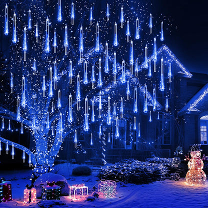 Kordain Outdoor Christmas Lights, Falling Rain Meteor Shower 12 inch 8 Tubes 144 LED Snow Icicle Cascading Fairy String Lights for Holiday Wedding Party Garden Tree Decor, UL Plug, Blue