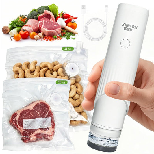 Xinyonxin Handheld Vacuum Sealer Machine with 30 Reusable Bags, Cordless Electric Food Preservation Pump for Meat and Sous Vide, USB Rechargeable Mini Sealing System for Kitchen