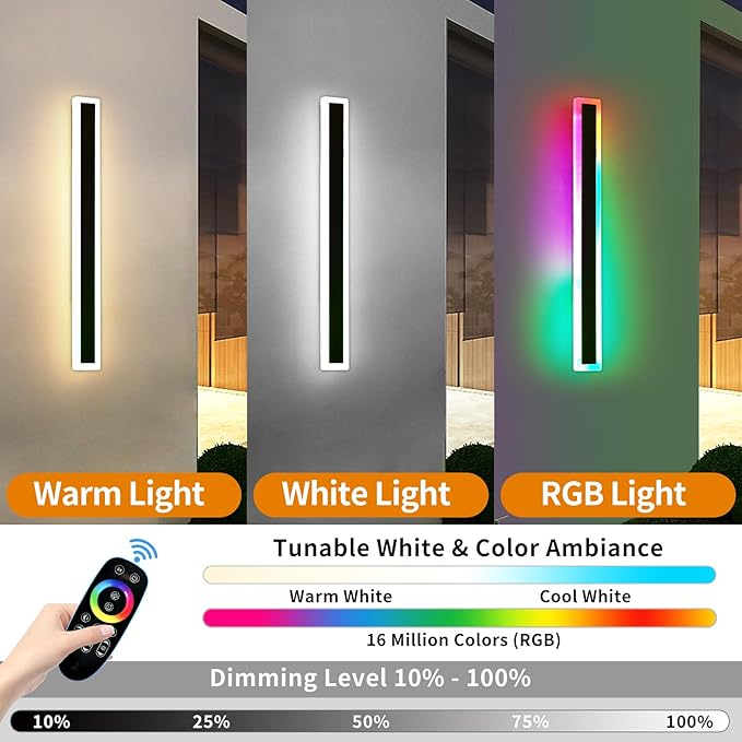 Mikeru 2pack 47.2inch Long LED Wall Light Fixtures, RGB Modern Outdoor Wall Sconce 10%-100% Dimmable Smart Outdoor Light Fixtures Wall Mount Featuring Multiple Modes and 12 Colors for Patio Entryway