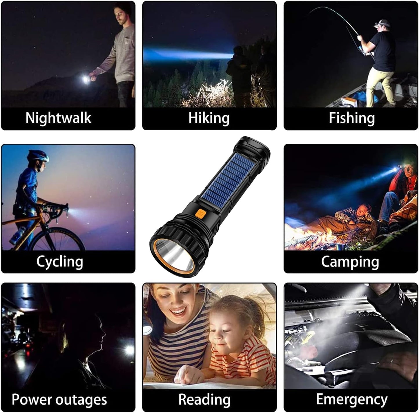 E-SHIDAI Solar/Rechargeable Multi Function 1000 Lumens LED Flashlight, with Emergency Strobe Light and 1200 Mah Battery, Emergency Power Supply and USB Charging Cable, Fast Charging (8PC)