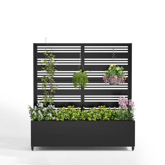 Metal Raised Garden Bed Trellis Large Outdoor Planter Box for Patio,Balcony Privacy Planters for Patio 48.4" x 47"x 15.7 Wheels Drainage Holes,for Climbing Vegetables,Flowers,Vines（Black）