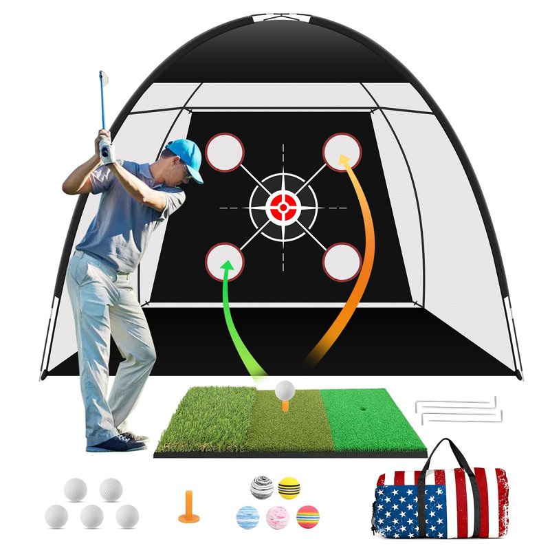 Golf Net Practice 10x7ft with Tri-Turf Mat & Real Balls Set Indoor Outdoor Golf Training Equipment for Backyard Driving Practice Enthusiast Gifts