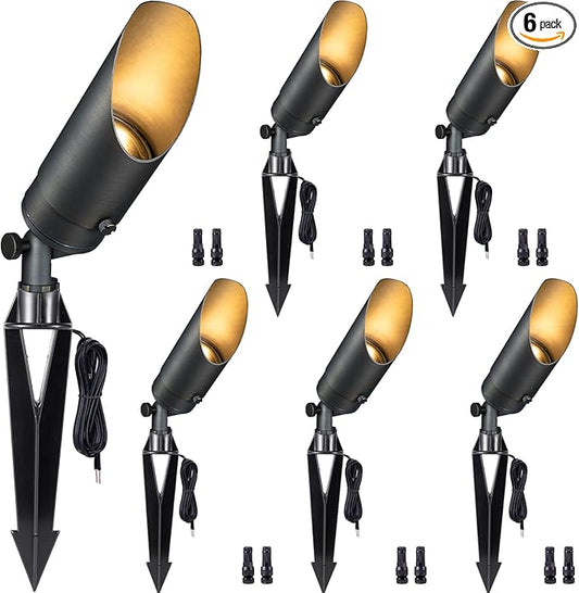 Gardenreet 12V Spot Lights Solid Brass - Outdoor Low Voltage Landscape Spotlight, Wired LED Uplights Waterproof, Stretchable Shroud Bronze for Patio Wall with 4000K Bright White MR16 Bulb (6 Pack)