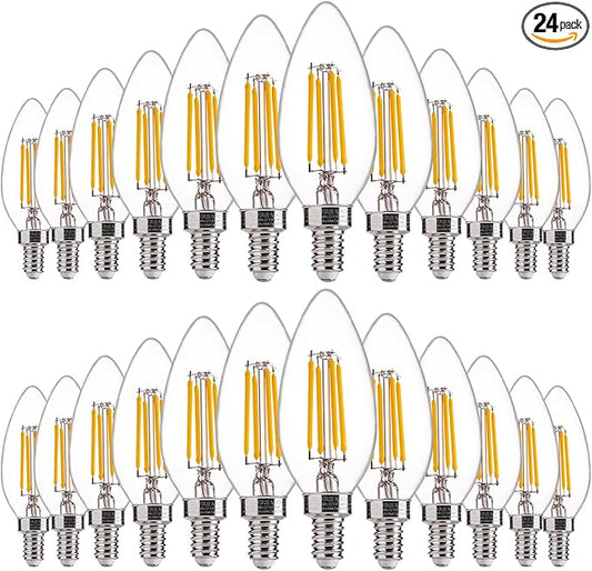 FLSNT 60W Equivalent LED Chandelier Light Bulbs, Dimmable LED B11 E12 Candelabra Base Bulbs, 3000K Warm White, 500LM, 24 Pack