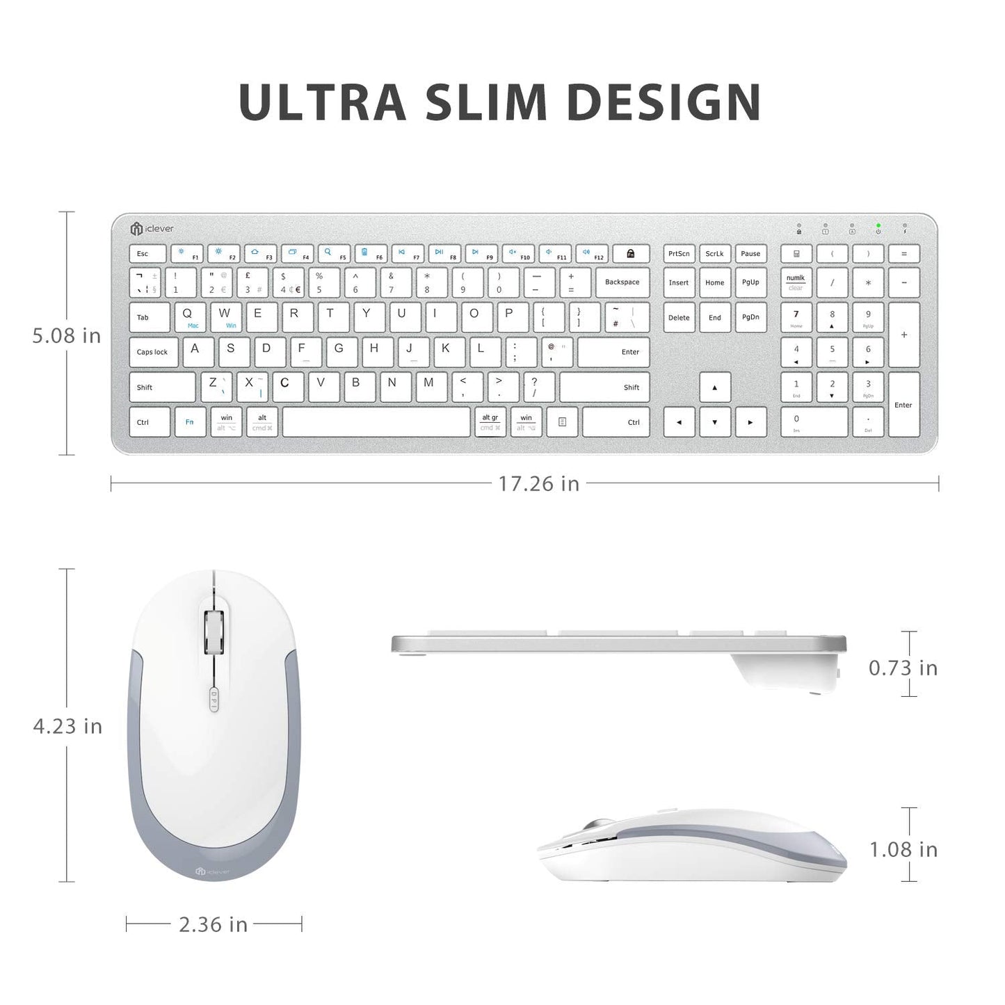 Wireless Keyboard and Mouse Set, iClever Keyboard and Mouse Rechargeable Full Size with Numeric Keypad, Energy Saving 2.4G USB Ultra Slim Silent Wireless for Mac OS/Windows/Computer/Laptop