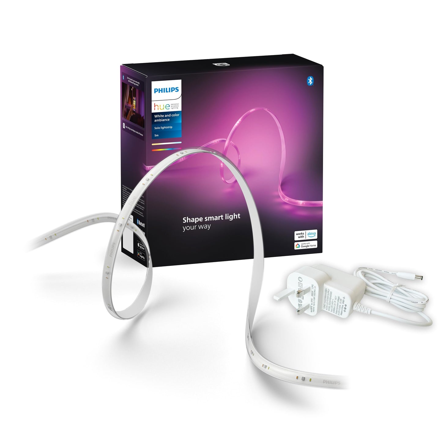 Philips Hue Indoor 5-Meter Smart LED Solo Lightstrip Base Kit (Pack of 1), LED Lights Controlled with Hue App, Smart Lighting Works with Alexa, Google Assistant and Apple HomeKit, Plug Type G