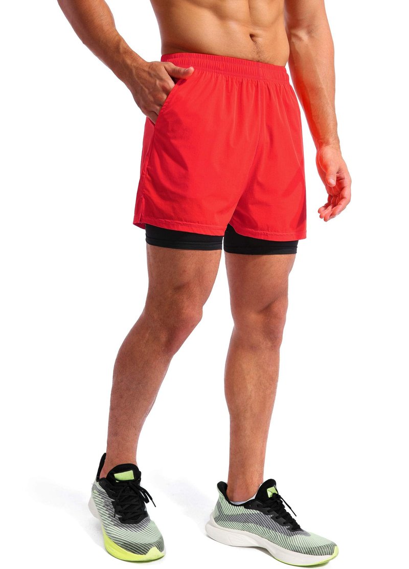 Pudolla Men’s 2 in 1 Running Shorts 5" Quick Dry Gym Athletic Workout Shorts for Men with Phone Pockets(Dark Red Medium)