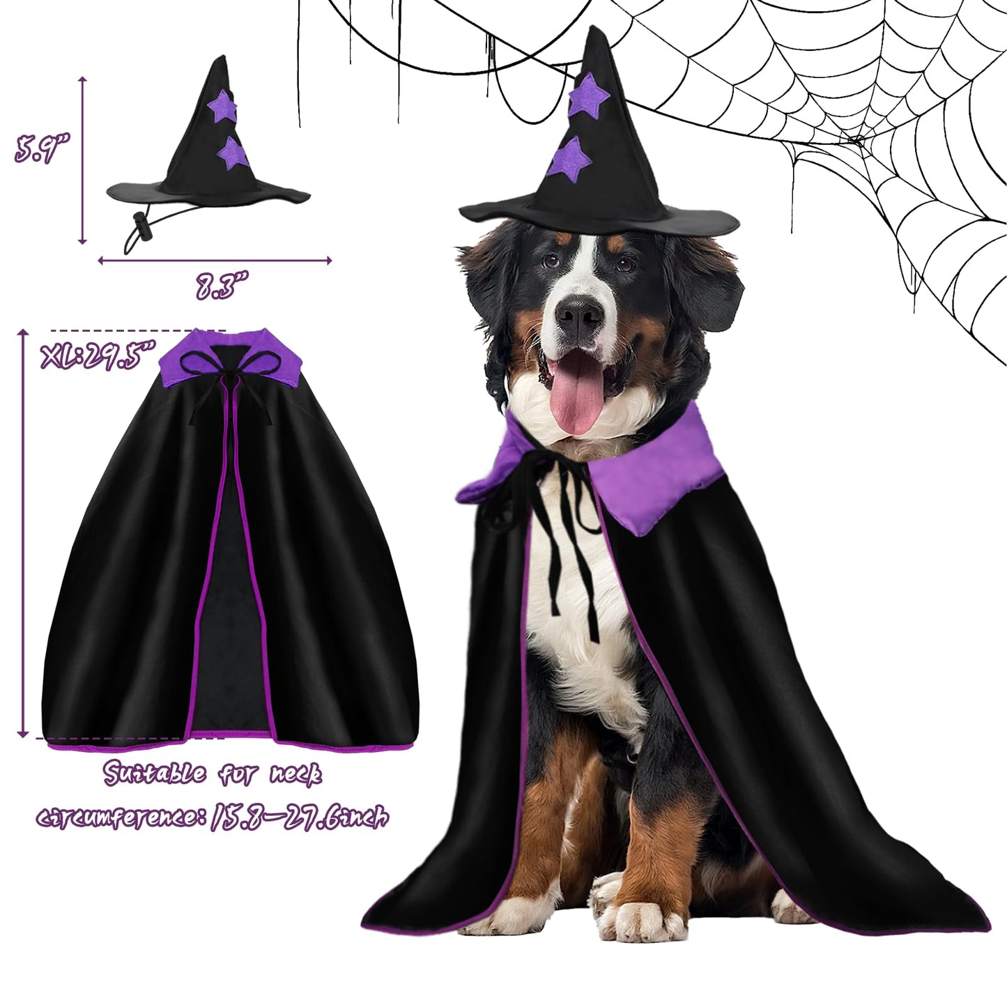 Rypet Halloween Dog Witch Costume, Dog Halloween Costumes Set with Cloak and Star Hat, Dogs Witches Cape for Large and Medium Dogs, Pet Outfit for Halloween Party Magician and Witch Cosplay XL