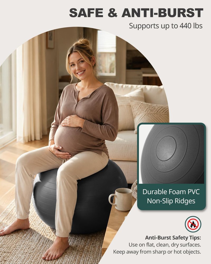 Trideer Yoga Ball for Exercise, Pregnancy & Birthing, 5 Sizes Exercise Ball for Physical Therapy, Stability, Fitness, Quick Pump Included