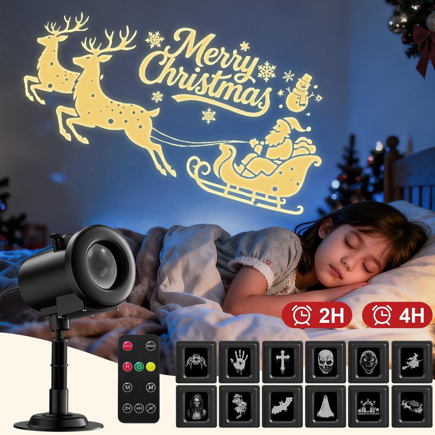 12 in 1 Christmas Projector Lights Outdoor,3D Dynamic Christmas Decorations Indoor,Clearer Santa Sleigh HD Patterns Holiday Lights,Waterproof for Window Wall Yard Holiday Decor