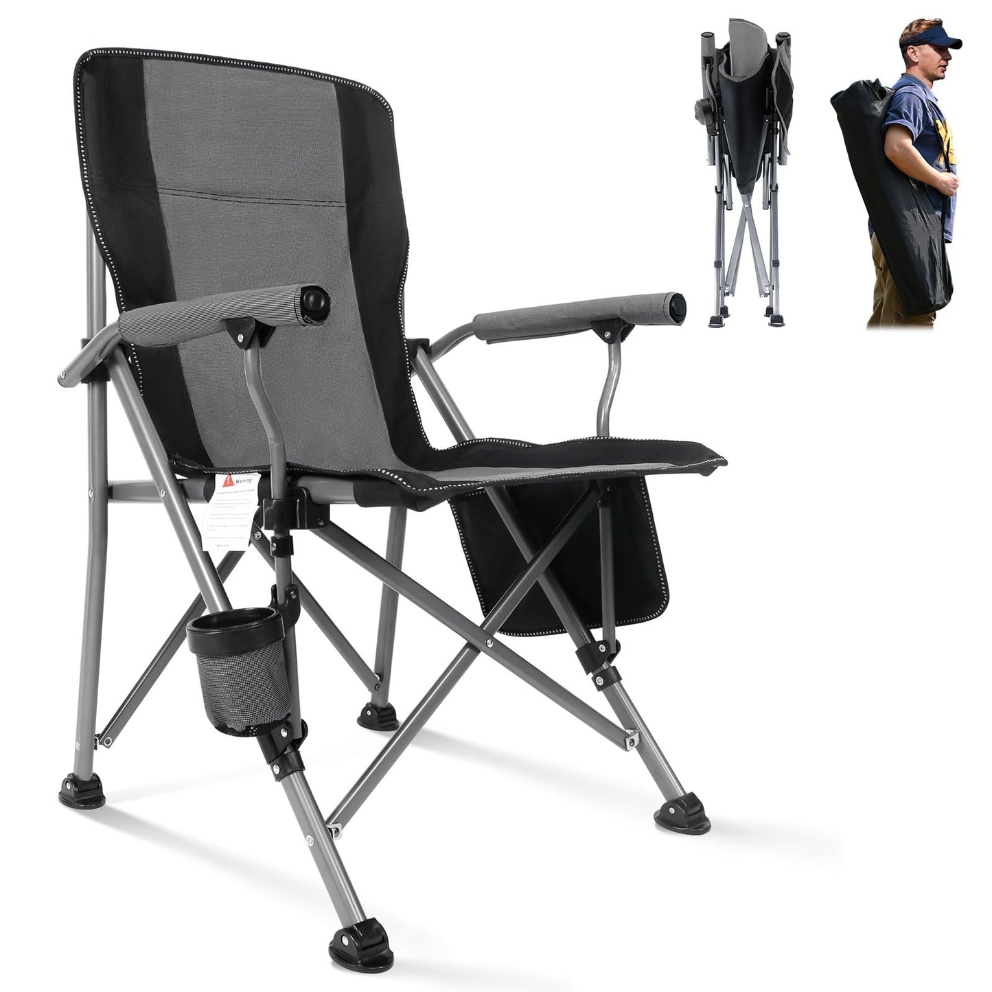 Folding Camping Chair Heavy Duty Portable Outdoor Chairs Supports 330lbs Collapsible Foldable Chair for Outside with Cup Holder&Carry Bag, Folding Lawn Chair for Camp Beach Fishing Sports(Gray)