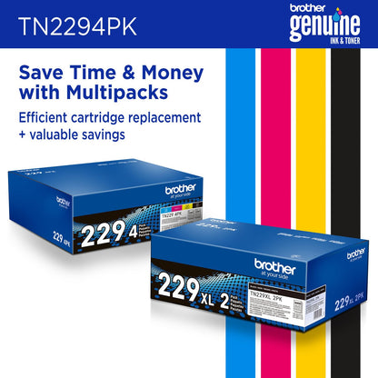 Brother Genuine TN2294PK Standard Yield 4-Pack Printer Toner Cartridges - Black, Cyan, Magenta, Yellow Toner Multipack