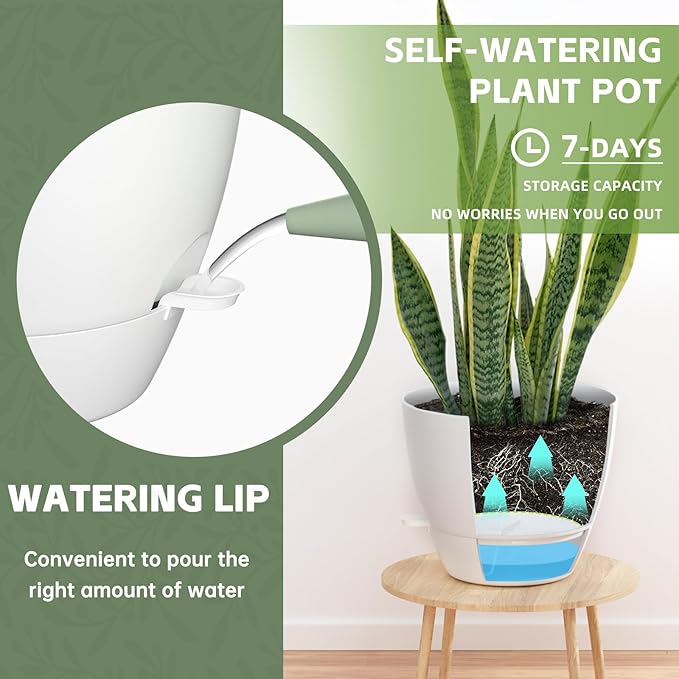 ZMTECH 9/10/12 Inch Self Watering Plant Pots with Watering Lip, Planters with Drainage Holes and Removable Saucer, Plastic Flower Pots for Indoor Outdoor Plants (3 Pack, Pure White)