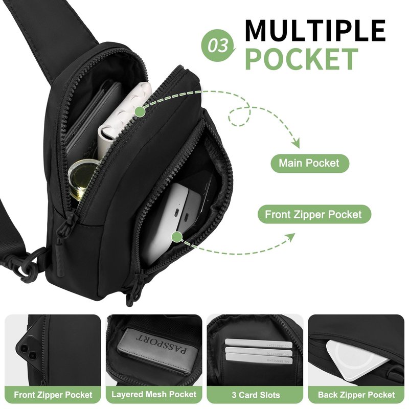 SUIKIHUM Mini Sling Bag for Men Women, Crossbody Fanny Packs Fits for 6.3" Phone, Reversible Nylon Chest Bag for Travel Running Hiking (Black)