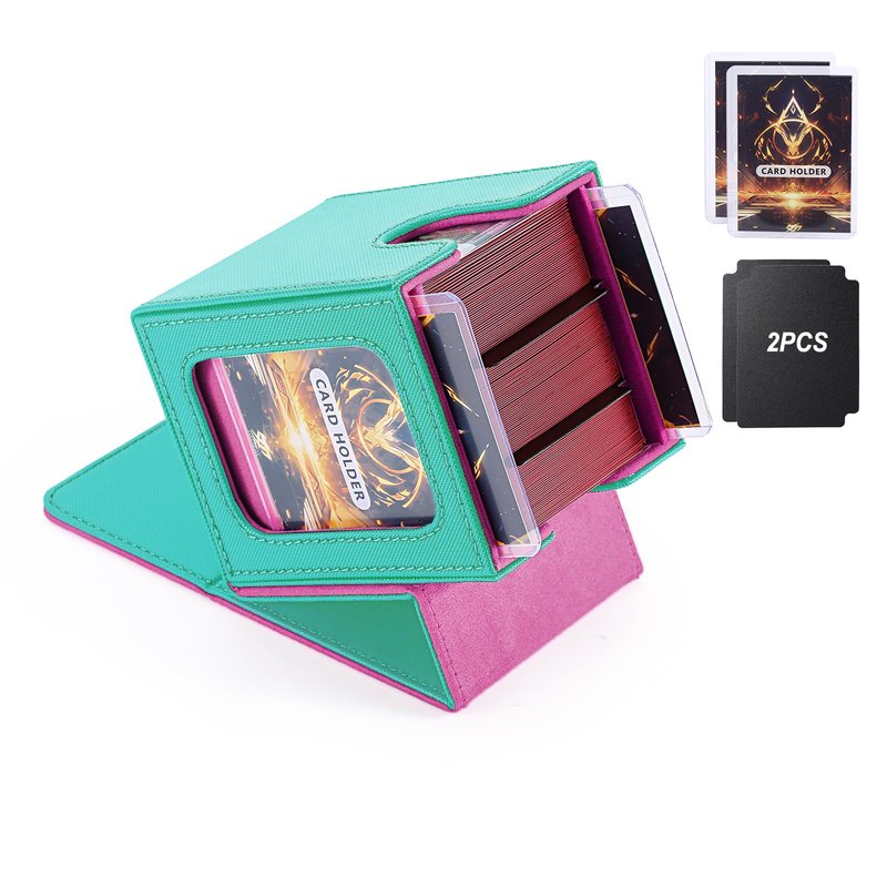 Commander Deck Box for MTG with double display windows,Card Storage Box Fits 120+ Single sleveed Cards,Magnetic Card Box with 2 Dividers&2 Toploaders for TCG Turquoise/Pink