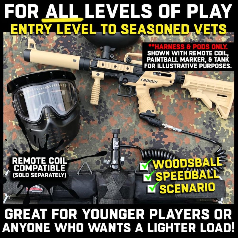 Maddog 4+1 Entry Level Paintball Harness Pod Pack Belt with HPA CO2 Tank Holder Pouch | Includes (4) Paintball Pods
