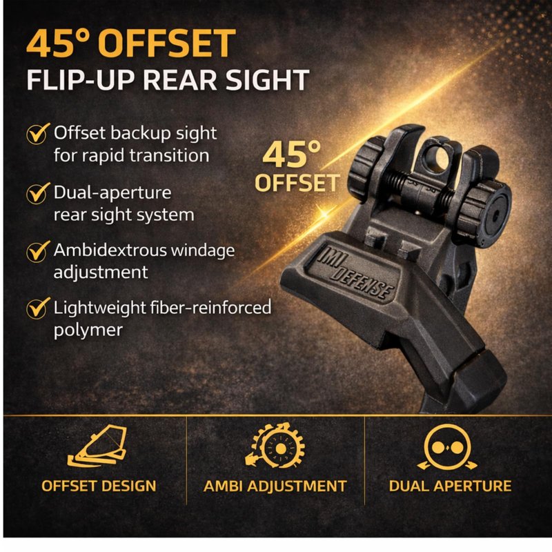 45 Degree Offset Flip Up Iron Sights – IMI Defense Low Profile Canted Flip Sights, Fast Target Transition, Dual Aperture, Secure Locking, Picatinny Compatible (Black)