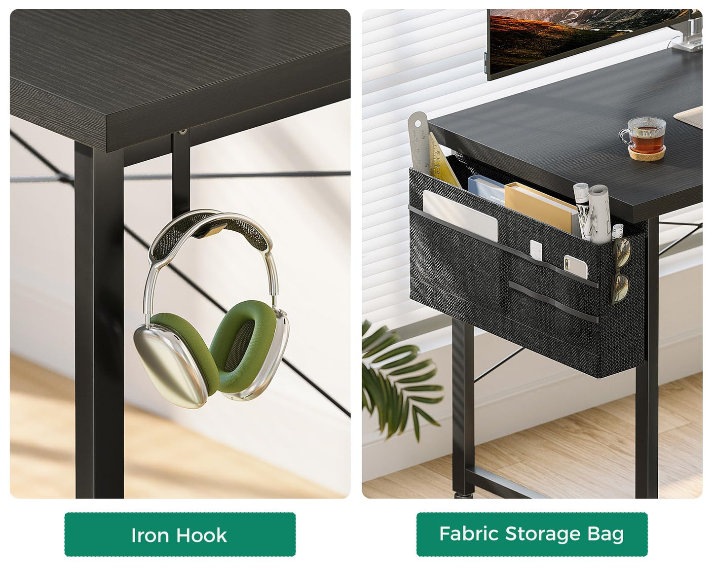 Casaottima L Shaped Computer Desk with Storage Bag, 57.5 Inch Reversible Gaming Table, Home Office Corner Desk with Monitor Shelf, Space-Saving Writing Workstation Desk, Easy to Assemble, Black