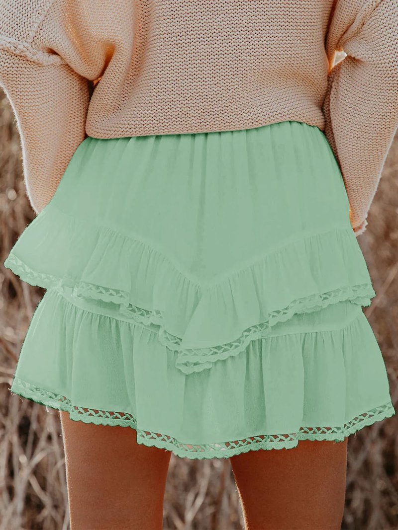 Aoudery Flowy Shorts for Women Casual Boho Ruffle Tiered Skorts High Waist Mini Skirts Golf Tennis Butterfly Crochet Shorts - Light Green M