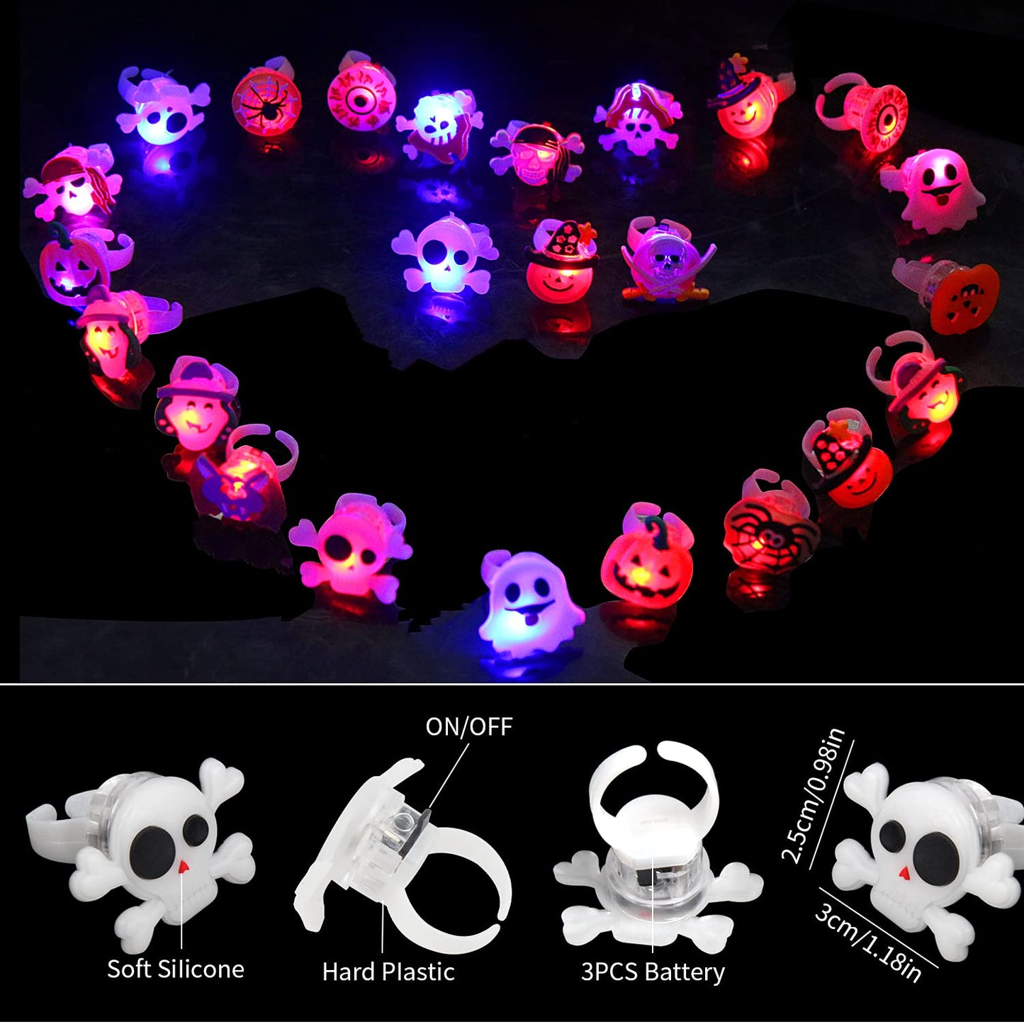 DIYASY Halloween Light Up Rings for Kids,50 Pcs LED Flashing Ring Toys for Halloween Kids Party Favors Prizes and Goodie Bag Fillers