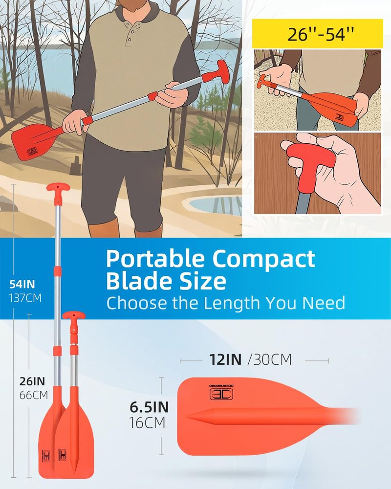 OCEANBROAD Telescoping Emergency Paddle 26''-54'' Collapsible Paddles Aluminium Shaft for Kayaking Boating Canoeing River Tubing, Orange, 1 Paddle