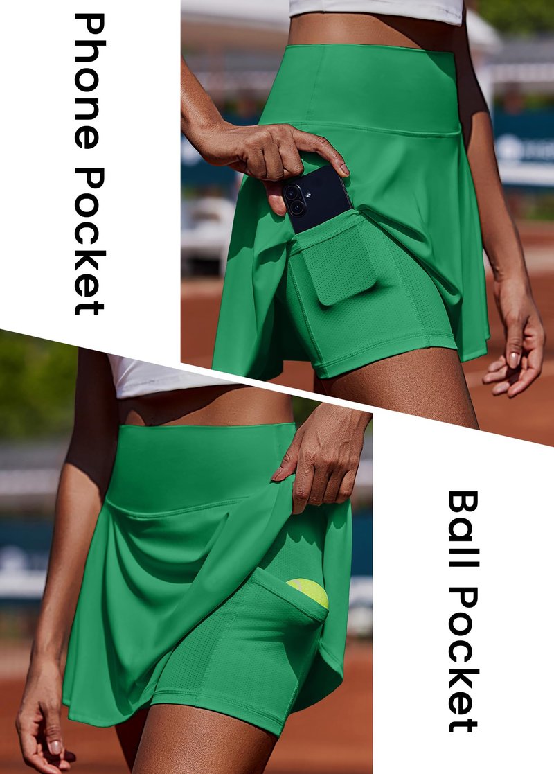 PINSPARK Womens Tennis Skirt with Pocket Shorts Pleated Mini Athletic Golf Skorts High Waisted Golf Skirts for Workout Running Pickleball Summer,Green S
