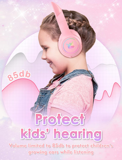 Bluetooth Kids Headphones with Microphone, Cat Ear LED Light Up and 85dB Volume Limited Toddlers Study Headphones, Wireless Foldable HI-FI sound Over-Ear School Headphones for iPhone/iPad/Laptop/PC