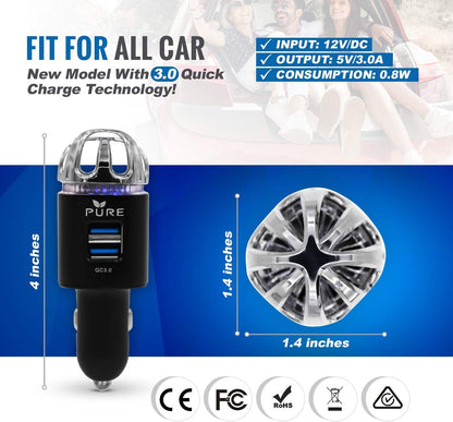 Car Air Purifier Premium Air Ionizer & Car Charger Accessory w Dual USB Ports Quick Charge 3.0 Eliminate Allergens Bad Odor Pet Smell Smoke Pollen Mold Bacteria Viruses PM2.5 & VOCs Deodorizer