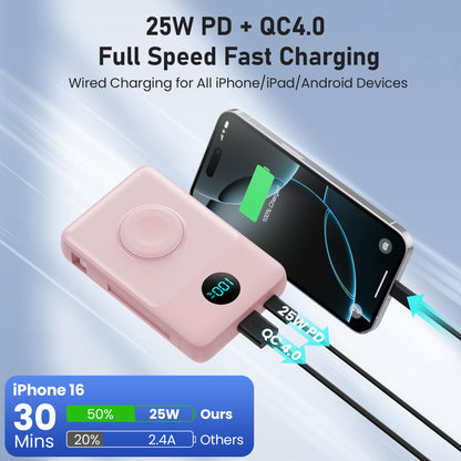 Magnetic Portable Charger for iPhone with Built-in Cables, 6-in-1 10800mAh Power Bank with iWatch Charger & LCD Display,25W PD Fast Charging Battery Pack for Magsafe,iPhone 16/15/14/13/12,Apple Watch