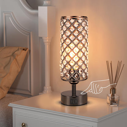 Hong-in Crystal Table Lamp,Black Lamp with USB C+A Ports, 3 Way Dimmable Light with Crystal Lampshade, Bedside Lamp Small Touch Light for Living Room Bedroom, Charge Phone (Bulb Included)