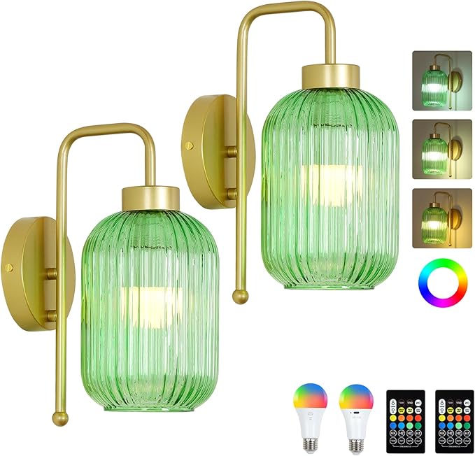 Vintage Battery Operated Wall Sconce with Green Glass Shade, Wireless Sconces Set of 2 with Remote and Dimmable Bulbs, Gold Rechargeable Cordless Wall Lights for Bedroom Living Room Bathroom