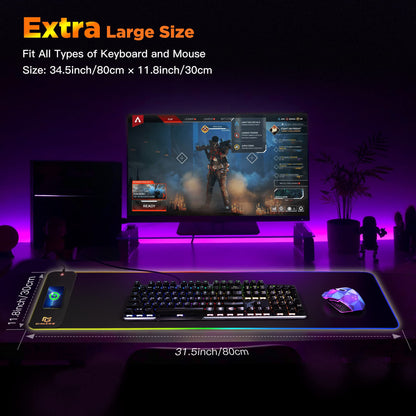 Gimars RGB Gaming Mouse Pad,15W Wireless Charging Mousepad with 10 Light Modes, Large Mousepad with Premium Smooth Surface, Non-Slip Mouse Mat for Gaming, Desk, PC,Office, 31.5x11.8x0.16inch