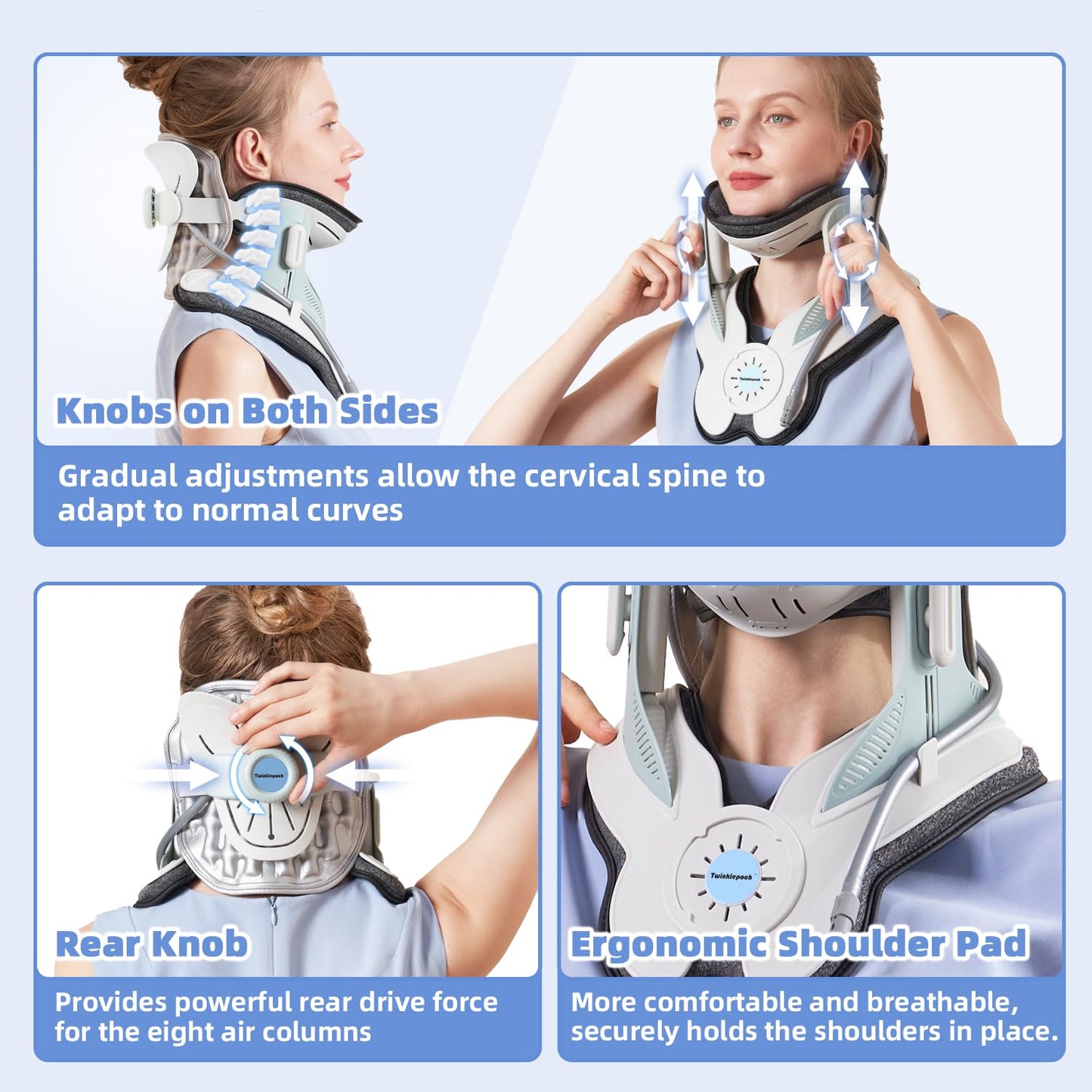 Cervical Neck Traction Device, Adjustable Neck Traction for Neck Pain Relief, 3 Power Levels & 8 Airbag Support, Home Use Neck Stretcher Device, Ergonomic Design (Blue)
