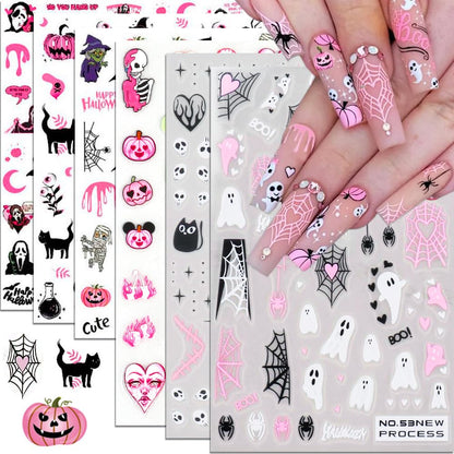 Halloween Nail Stickers, Halloween Nail Art Decals 3D Self-Adhesive Pink Ghost Skull Spider Pumpkin Nail Design DIY Holiday Nail Decoration for Party (6 Sheets)