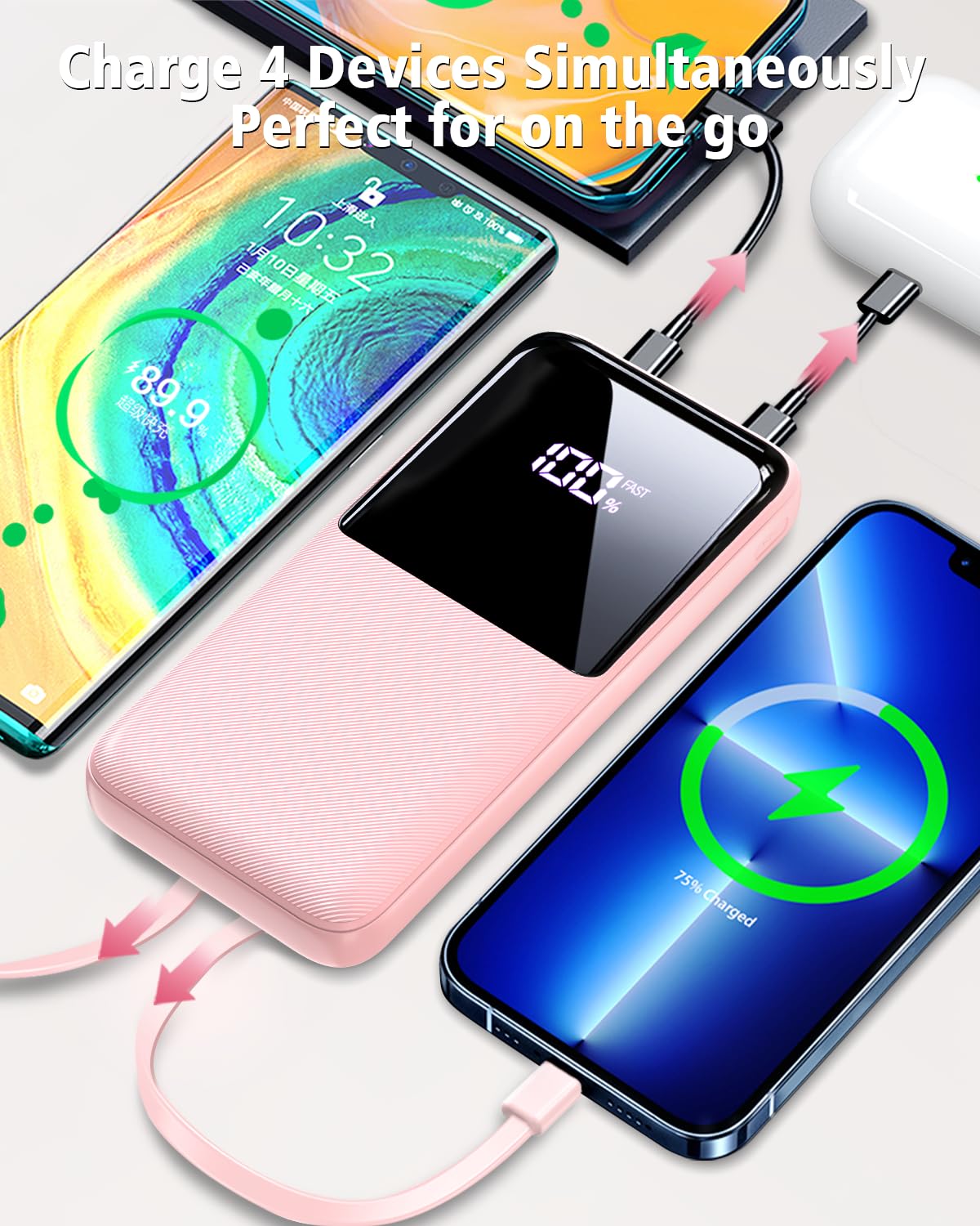 Portable Charger Power Bank - 15000mAh Fast Charging Powerbank Travel Camping Essential Battery Pack with Built in 22.5W Output Cable Compatible with iPhone 17 16 15 14 13 Samsung Google iPad, 1 Pack
