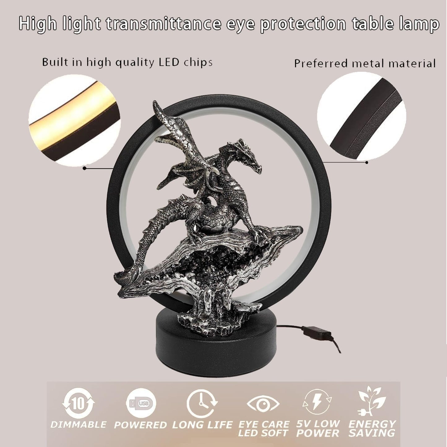 Hmusnwol Dragon Lamp Collectible Decor-Dungeons and Dragons Gifts - 6.15 inch LED Circle Table Lamp for Dragons Lover,Bedroom/Bookshelf/Desk