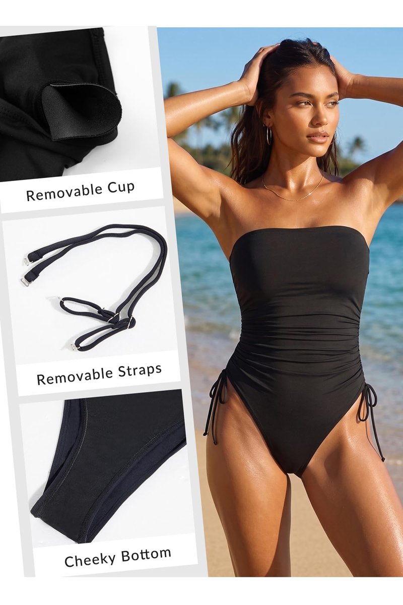 Yonique Women Strapless One Piece Swimsuit Tummy Control Bandeau Bathing Suit Cheeky Swimwear Black M