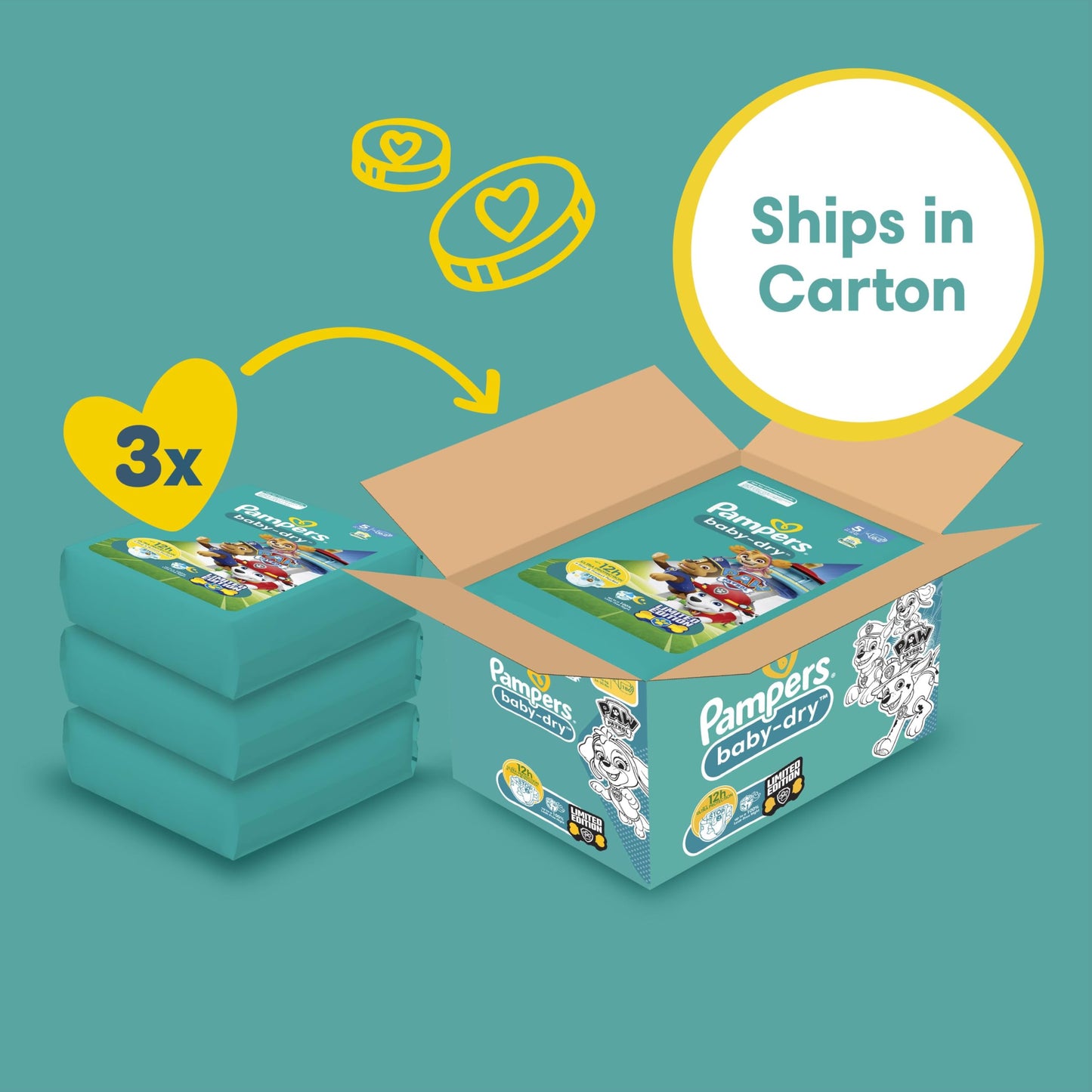 Pampers Baby-Dry Paw Patrol Edition Size 5, 186 Nappies, 11kg - 16kg, Monthly Pack, with A Stop & Protect Pocket to Help Prevent Leaks at The Back