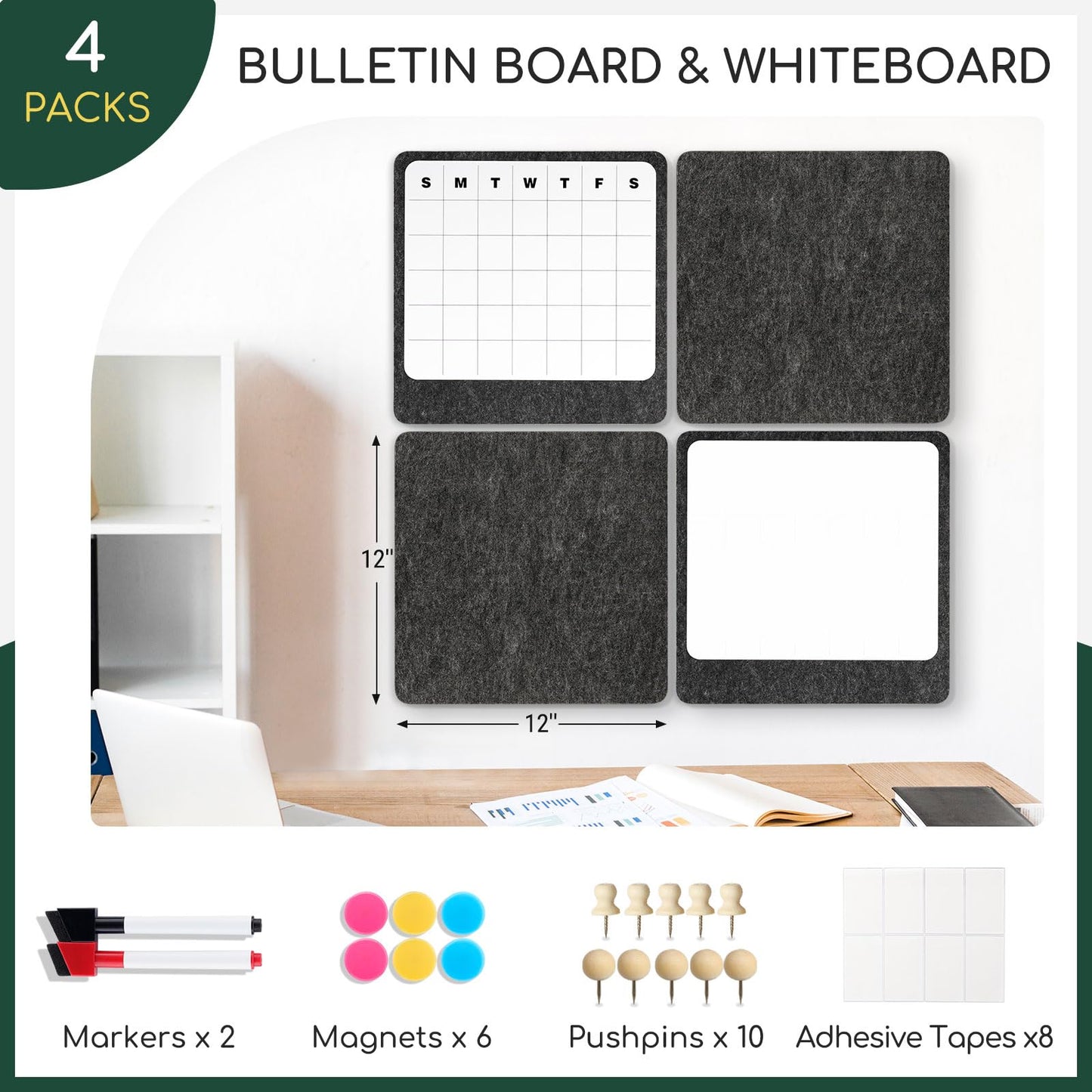 DOLLAR BOSS Felt Bulletin Board & Magnetic Whiteboard Calendar Combo 4 Pcs 12" X 12" Cork Board Dry Erase Board for Wall Frameless Combination Board with Pins Wall Decor for Home School Office