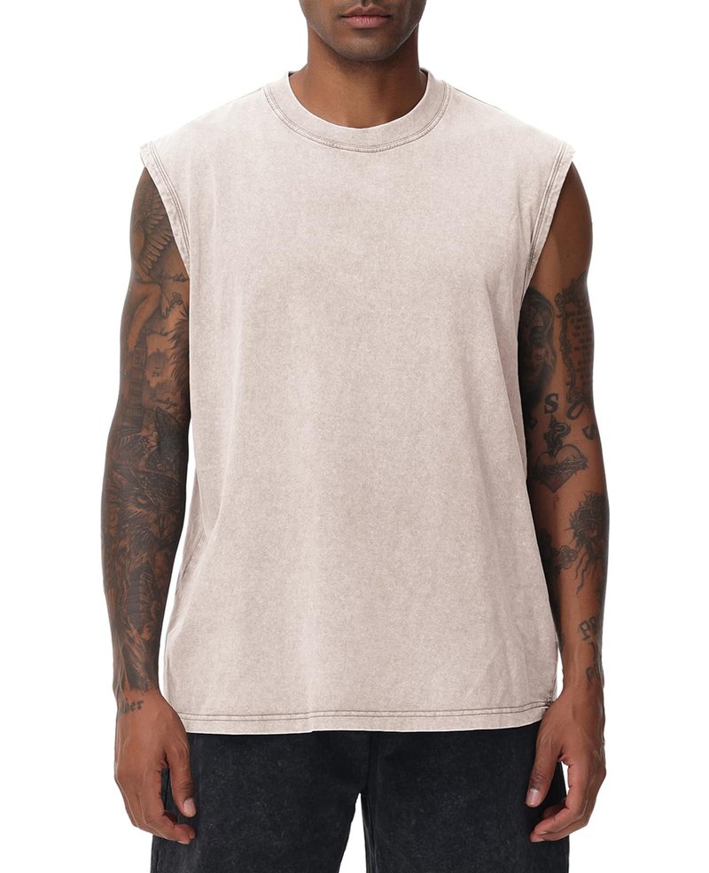 Mens Workout Tank Tops Sleeveless Tee Shirts Men Muscle Shirt Gym Acid Wash T Shirts Running Beach Loose Fit Tee(AC,L) Ivory