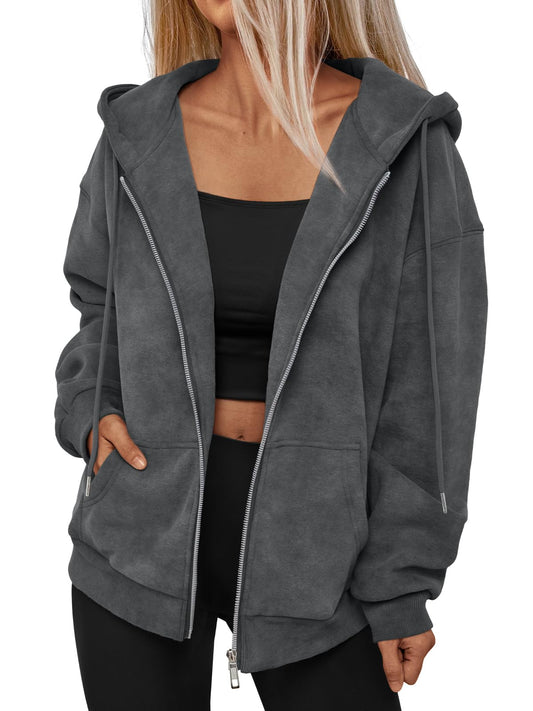 Trendy Queen Zip Up Hoodies for Women Acid Wash Oversized Sweatshirt Fall Fashion Jacket Cute Y2k Winter teen girls pullover Grey M