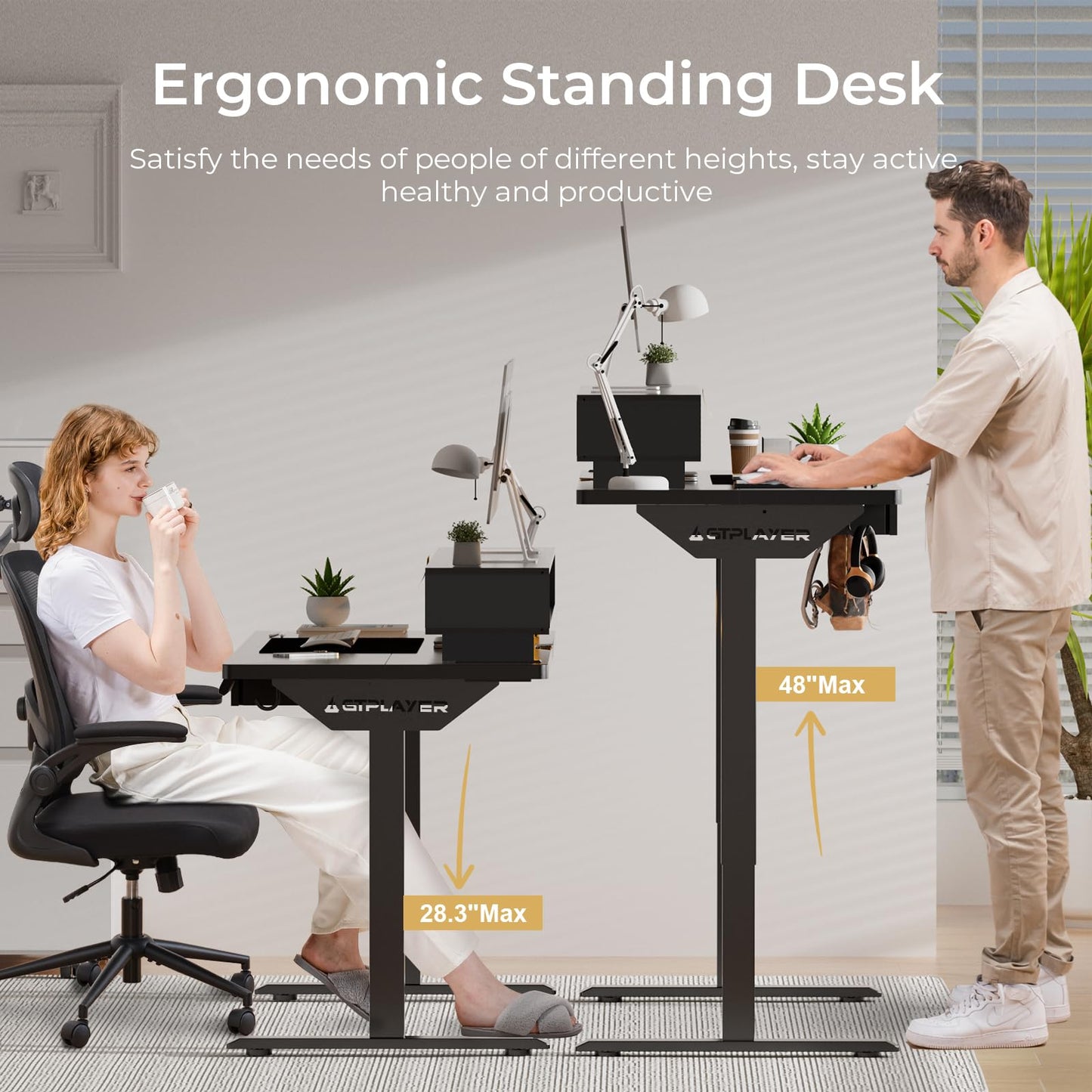 GTPLAYER Electric Standing Desk with Drawers, 55 x 24 Inch Height Adjustable Gaming Desk with Monitor Stand, Power Outlets & LED Lights, Home Office Sit Stand Up Desk with Memory Preset Controller