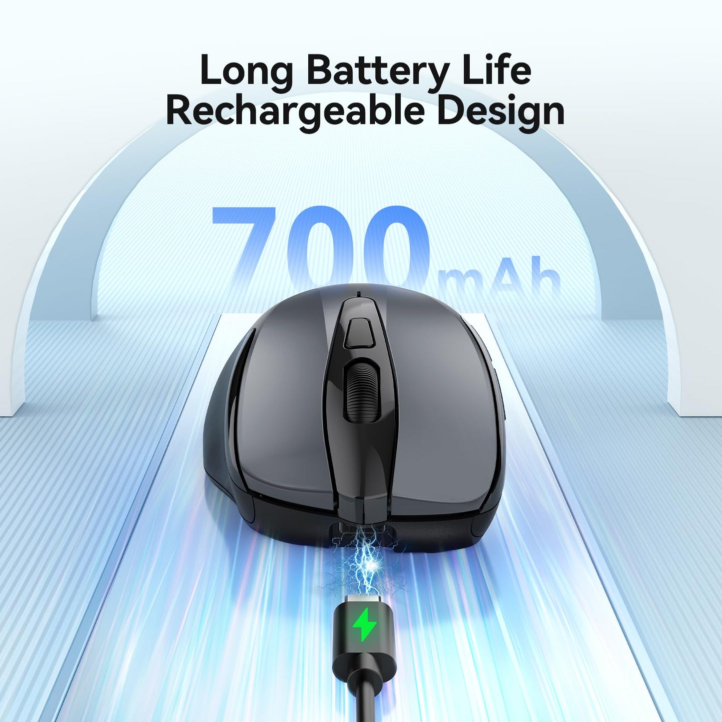 TECKNET Rechargeable Jiggler Wireless Mouse (BT5.0/3.0 & 2.4G) 4800 DPI Silent USB A & Bluetooth Mouse 6 Buttons, Wide Compatibility - Black