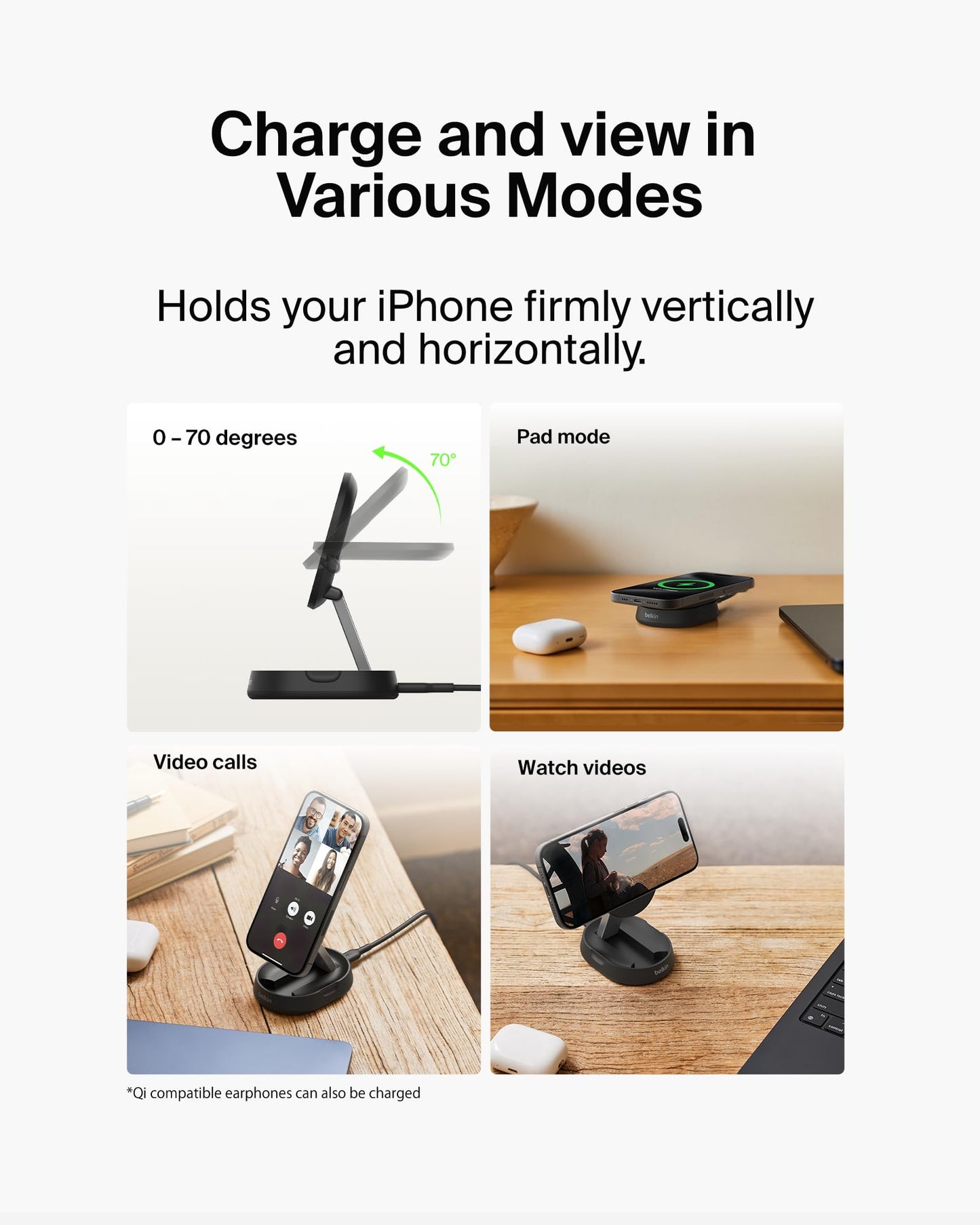 Belkin Convertible Magnetic Charging Stand 15W - MagSafe-Compatible Fast Qi2 Charger for Apple iPhone 15, 14, 16, 16 Plus, 16 Pro, 16 Pro Max, Airpods Pro, & More - Black