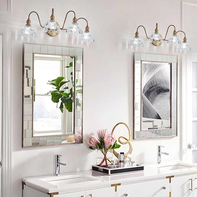 Vintage 4-Light Brass Bathroom Vanity Light Fixtures, Wall Sconces Vanity Lighting Fixture for Bedroom Bathroom Dressing Room Living Room