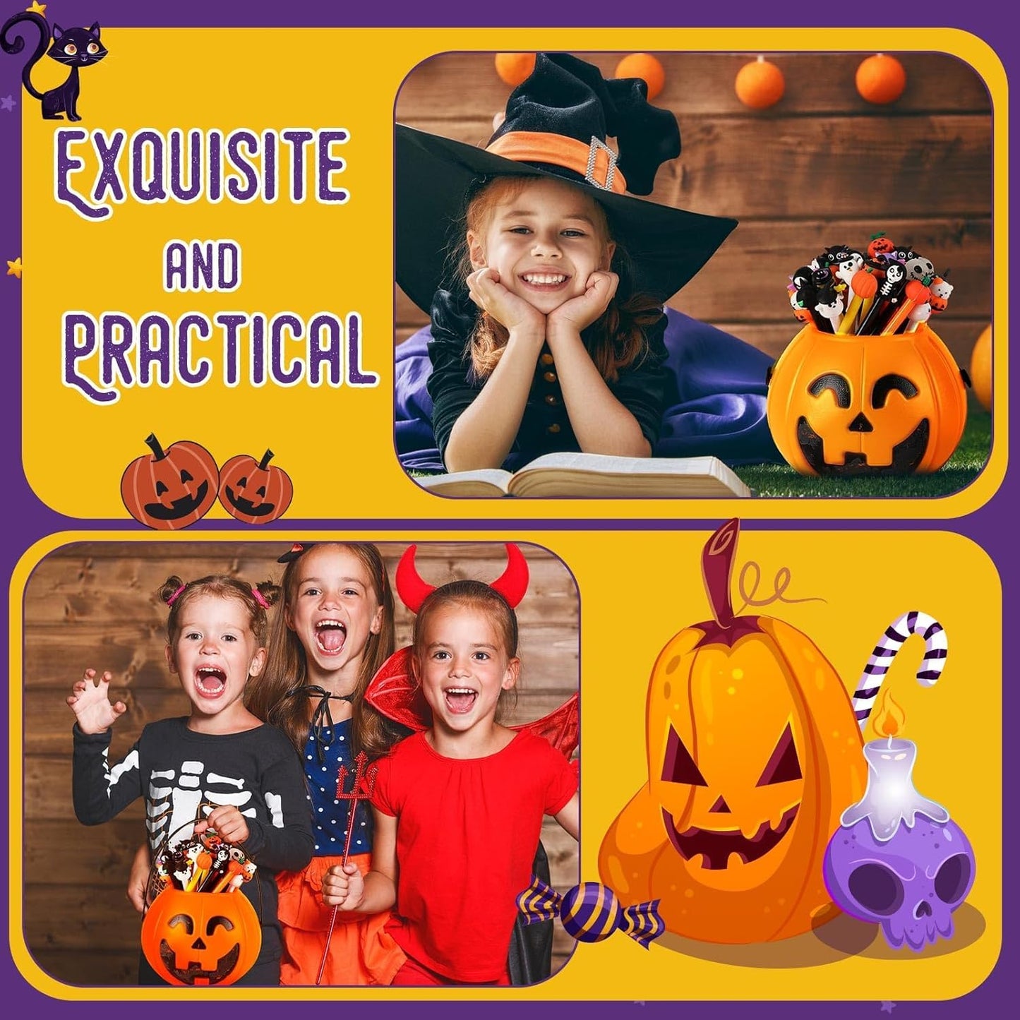 SANNIX 50 Pieces Halloween Pens, Fun Cartoon Pumpkin Ghost Skull Bat Gel Ink RollerBall Pens for Kids Gift School Class Birthday Party Supplies Halloween Party Favors
