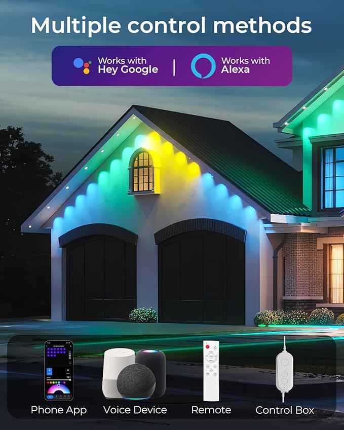 CINOTON Permanent Outdoor Lights 50ft, Smart RGBW+IC Eaves Lights with 30LEDs, IP67 Waterproof, 111 Scene Modes for Daily and Festival, Halloween Christmas Holiday Decor, APP/Voice/Remote Control