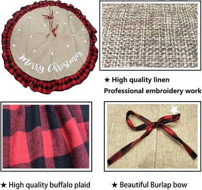 AISENO 48 Inch Christmas Tree Skirt Linen Burlap Buffalo Plaid Edge Decoration for Merry Christmas Party Red and Black Buffalo Christmas Tree Skirt Decorations